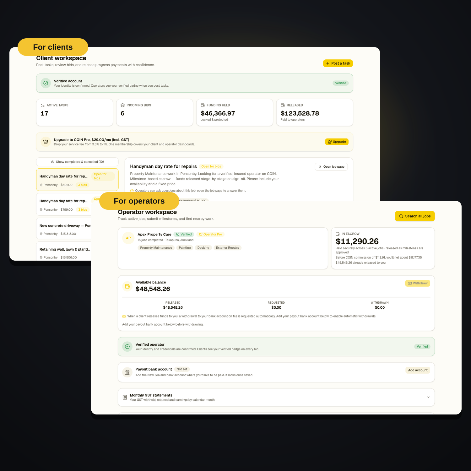 The CASHBOX client and operator dashboards side by side, showing milestone escrow funding held in NZD, incoming bids, and operator earnings and payouts